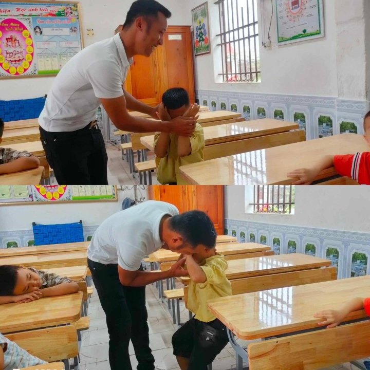Nhiều người hài hước bình luận về bức ảnh với thái cực cảm xúc trái ngược của hai bố con - bố cười vui, con khóc nhè. (Ảnh: Nghệ An)