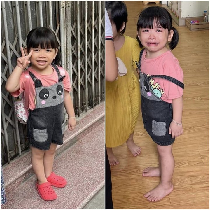 Ngày đầu tiên đi học, vừa cười vui trước cửa nhà xong đã thấy em mắt ướt nhạt nhòa trong lớp học. (Ảnh: Hà My)