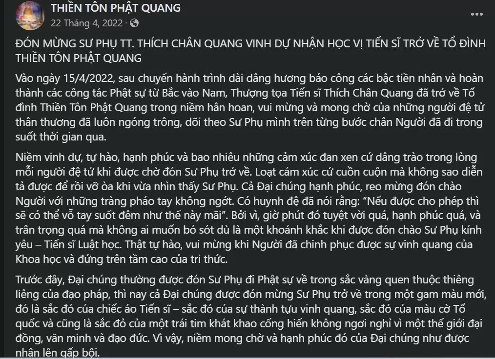 Cộng đồng mạng “đào lại” cảnh Thích Chân Quang làm lễ vinh quy bái tổ sau nhận bằng Tiến sĩ Luật Cộng đồng mạng “đào lại” cảnh Thích Chân Quang làm lễ vinh quy bái tổ sau nhận bằng Tiến sĩ Luật